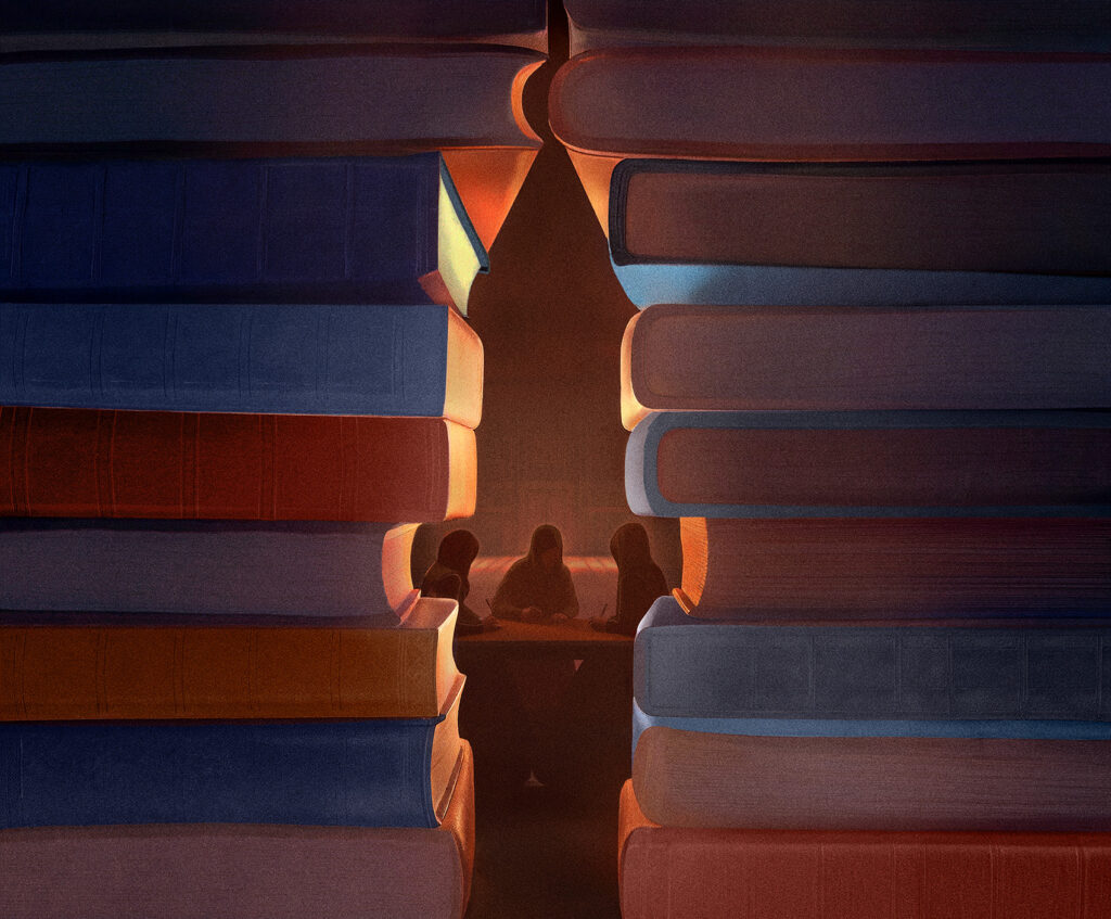 Illustration of towering stacks of books forming a narrow passageway, where three silhouetted women sit together at a table in warm light, suggesting research, collaboration, and the hidden story behind a major Qur’an translation.