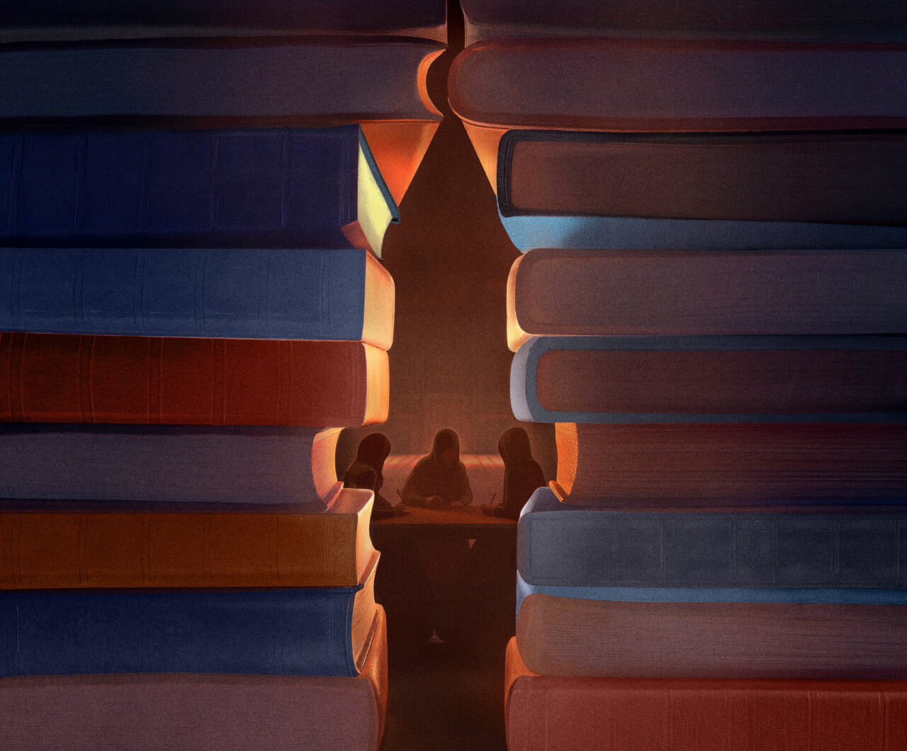 Illustration of towering stacks of books forming a narrow passageway, where three silhouetted women sit together at a table in warm light, suggesting research, collaboration, and the hidden story behind a major Qur’an translation.